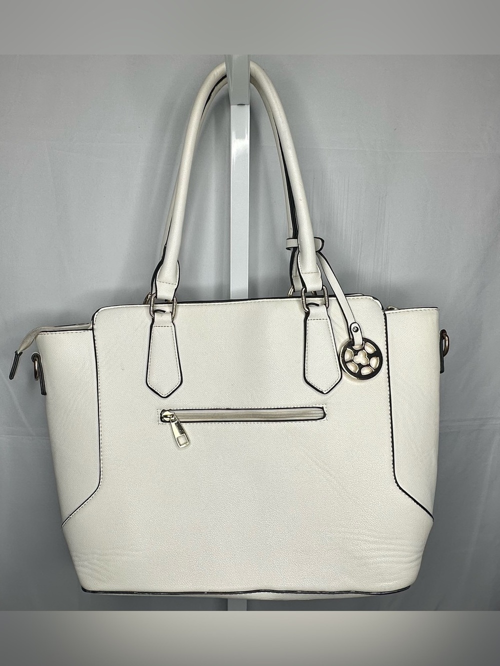 Chic White Faux Leather Tote Bag with Gold Accent